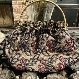 Tapestry Clutch w Floral Beading Design antique gold removal chain kiss closure